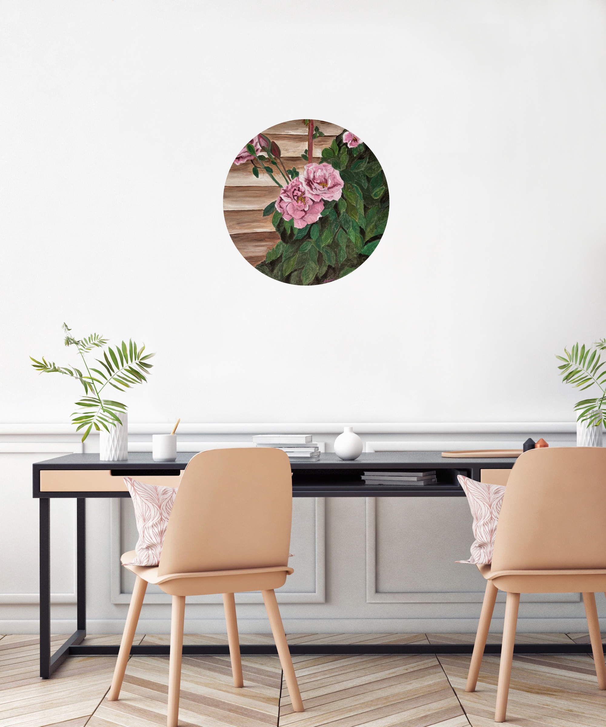 Pink Rose Oil Painting on Round Canvas Original Roses